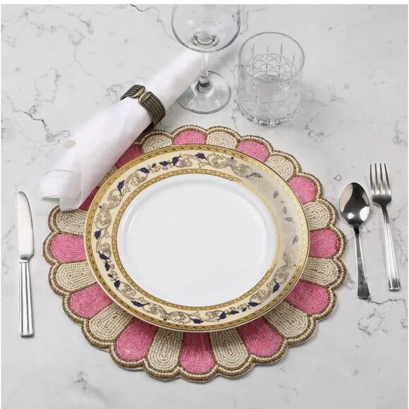TIRAMISU HANDMADE Pink Glass Beaded Placemat Set of (2) NEW - Picture 3 of 10